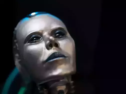 Project AD-01 handmade android sculpture Theta Closeup picture with black eyes, blue LED light