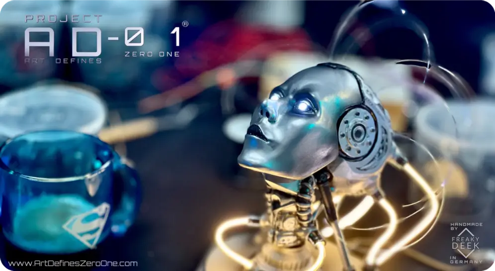 PROJECT AD-01 - The assembly line - ELCTRONICS and QA Shipping content of Project AD-01 FLUX handmade sculpture bust with USB cable, android, instructions manual. and signed certificate of authenticity, LED light artwork sculpture handmade by freaky-Deek