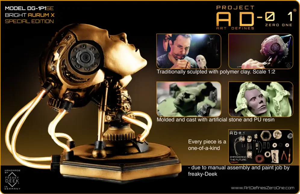 Project AD-01 handmade android LED desk art sculpture Aurum X with golden LED energy tubes, product details: traditionally sculpted with polymer clay, scale 1:2, mold and cast by hand with artificial stone and PU resin, handpainted and assembled