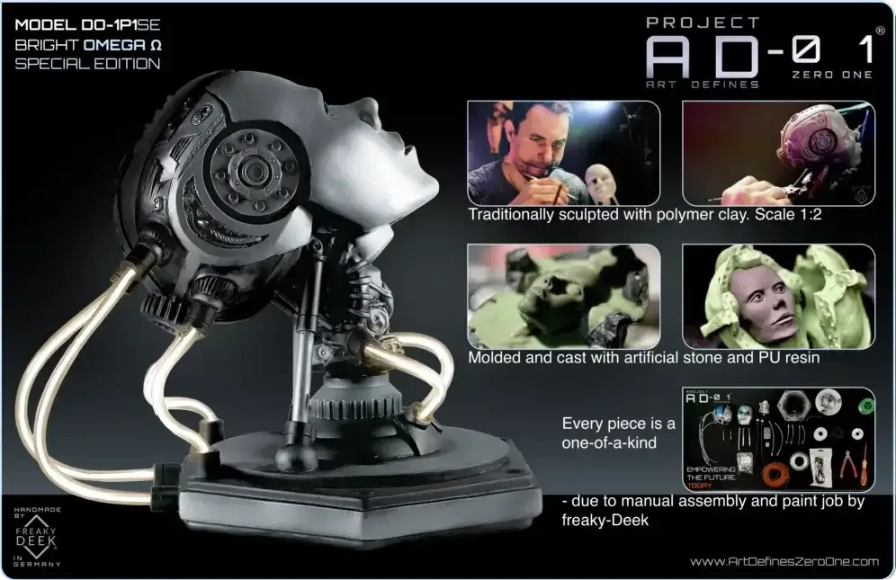 Project AD-01 handmade android sculpture Bright Omega Special Edition with white LED energy tubes, product details: traditionally sculpted with polymer clay, scale 1:2, mold and cast by hand with polystone and PU resin, handpainted and assembled