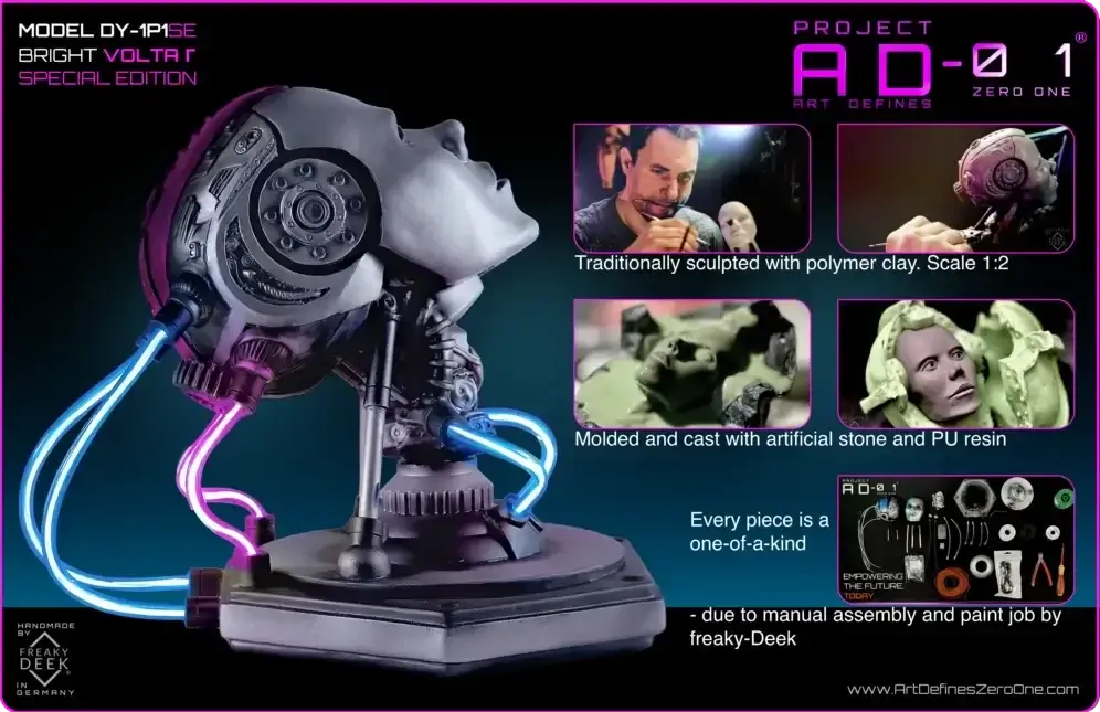 Project AD-01 handmade android sculpture Volta with blue and purple LED energy tubes, product details: traditionally sculpted with polymer clay, scale 1:2, mold and cast by hand with polystone and PU resin, handpainted and assembled