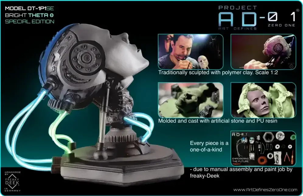 Project AD-01 handmade android sculpture Theta with blue LED energy tubes, product details: traditionally sculpted with polymer clay, scale 1:2, mold and cast by hand with polystone and PU resin, handpainted and assembled