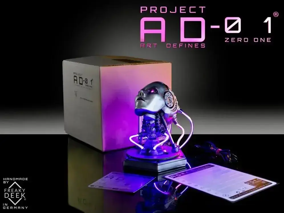 Shipping content of Project AD-01 VOLTA handmade sculpture bust with USB cable, android, instructions manual. and signed certificate of authenticity, LED light artwork sculpture handmade by freaky-Deek