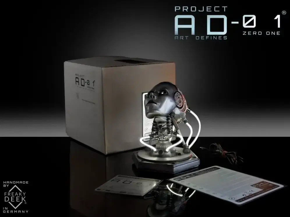 Shipping content of Project AD-01 OMEGA handmade sculpture bust with USB cable, android, instructions manual. and signed certificate of authenticity, LED light artwork sculpture handmade by freaky-Deek