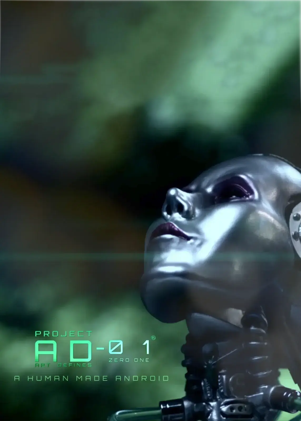 Project AD-01 handmade android sculpture Flux with green LED light front view