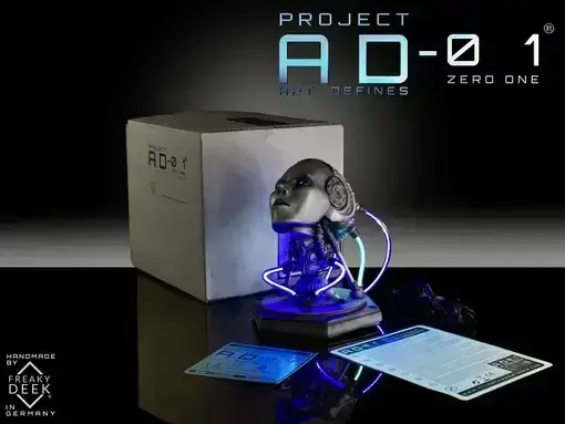 Shipping content of Project AD-01 THETA handmade sculpture bust with USB cable, android, instructions manual. and signed certificate of authenticity, LED light bust