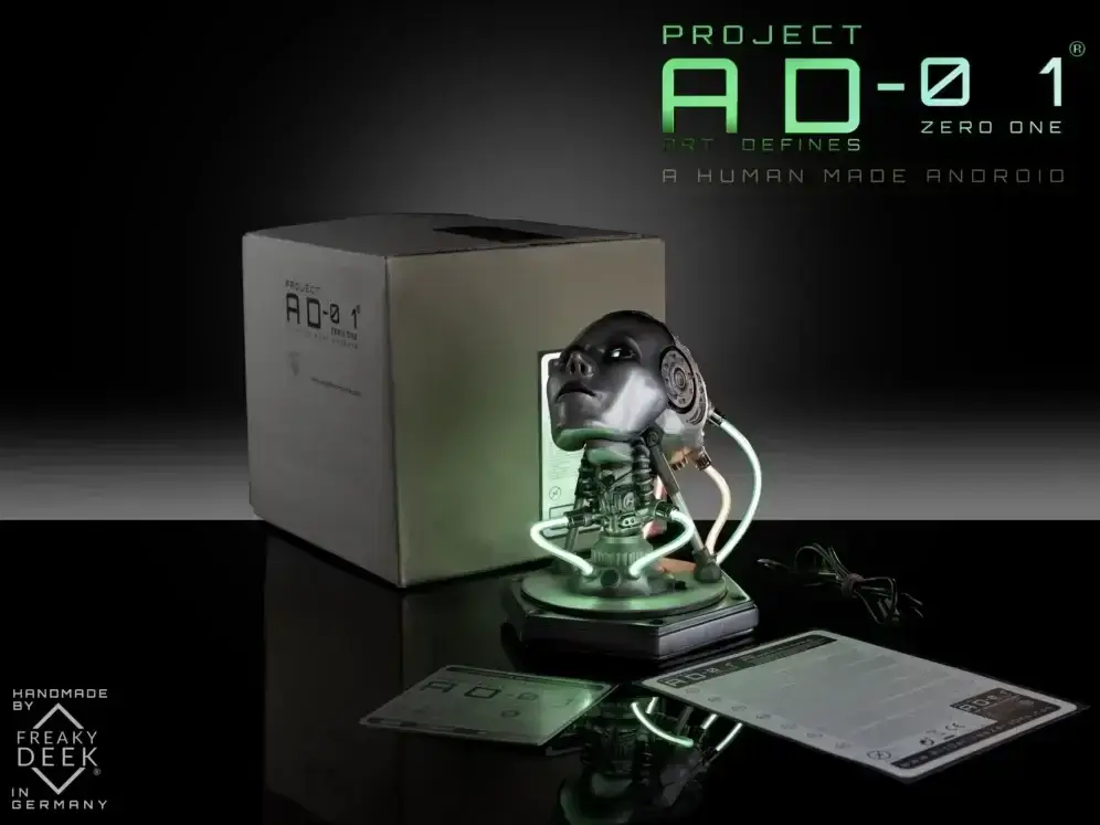 Shipping content of Project AD-01 FLUX handmade sculpture bust with USB cable, android, instructions manual. and signed certificate of authenticity, LED light artwork sculpture handmade by freaky-Deek