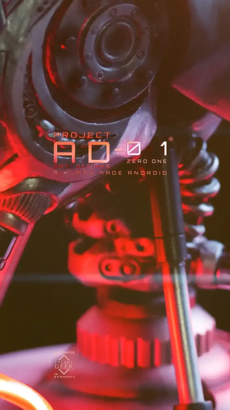 Project AD-01 handmade android sculpture bright Joule Special Edition with red LED energy tubes, product details: traditionally sculpted with polymer clay, scale 1:2, mold and cast by hand with artificial stone and PU resin, handpainted and assembled